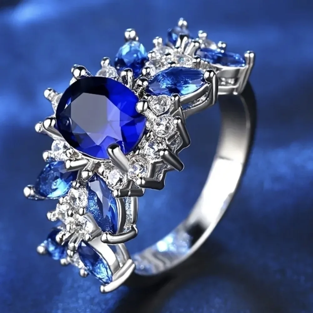 New Blue Sapphire CZ Halo Ring Silver Tone Oval Statement Cocktail Ring, T1B1D